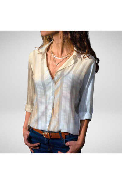 Moda Monisa Cămașă de damă cu dungi subțiri gri pe alb | Flexibil din material tip stofă | Eleganță zilnică