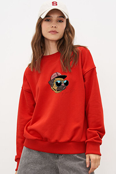 Cool Gözlüklü Köpek Kafası Baskılı UNİSEX Oversize 0 Yaka Sweetshirt %100 Pamuk