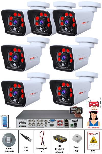 PROLİFE 7 Kameralı Yapay Zeka Özellikli Yüz Tanıma Ve Araç Algılamalı 5 Mp Gü...