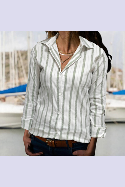 Moda Monisa Cămașă de damă | Țesătură elastică | Mold normal | Utilizare zilnică | Alb - cu dungi verzi