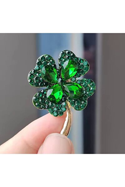 ESJ Kristal Zirkon Taş Yeşil 4 Yaprak Şans Yonca Unisex Broş