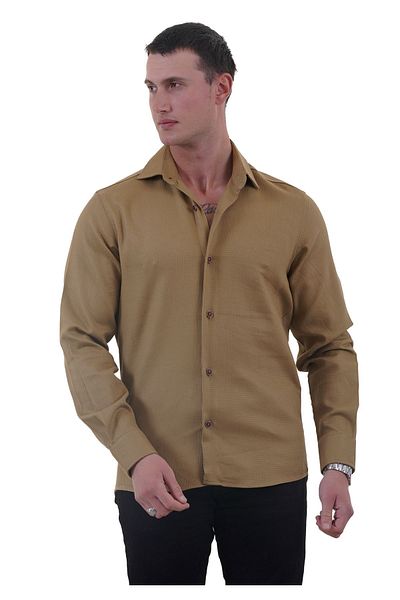 Exve Exclusive Mustard Yellow Soft Collar Dobby Textured Comfortable Fit Elegant Cotton Woven Shirt