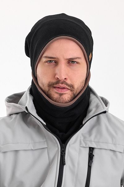 Butikgiz Men's Black Fleece Outer, Coffee Cotton Underwear Double Color Double Layer Foldable Beanie Neck Collar Set