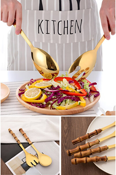 Duffa 2'li Bambu Saplı Gold Salata Servis Kaşığı Seti, Dekoratif Gold Salata ...