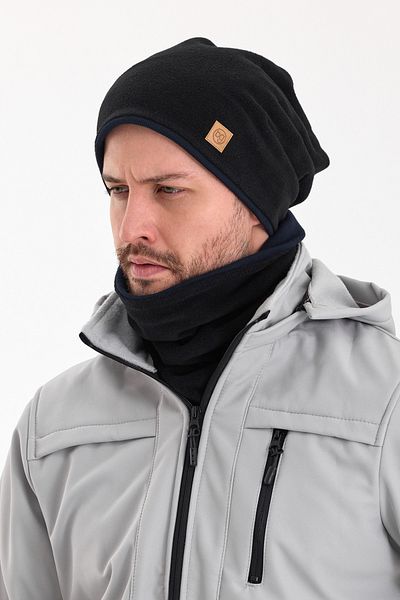 Butikgiz Men's Black Fleece - Navy Cotton, Double Color, Foldable Layer Beanie Neck Collar Set