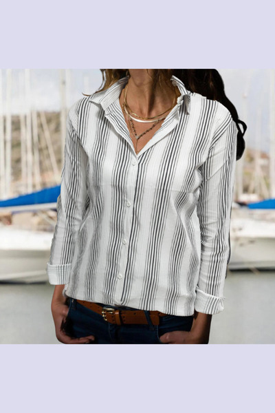 Moda Monisa Cămașă de damă | Țesătură elastică | Mold normal | Utilizare zilnică | Alb - Negru cu dungi