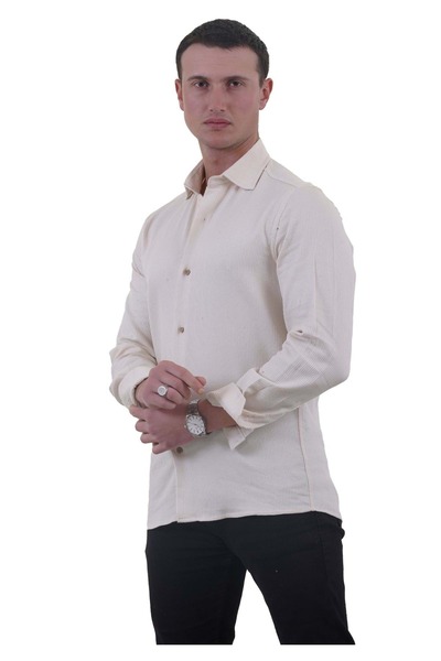 Exve Exclusive Beige Soft Collar Dobby Textured Comfortable Fit Elegant Cotton Woven Shirt