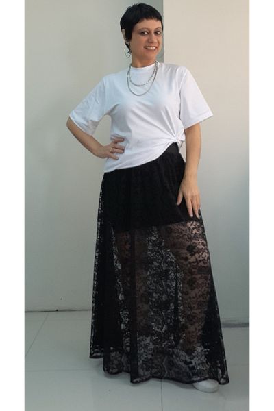 Mertcan Butik Black Elastic Waist Gathered Lining Lace Skirt
