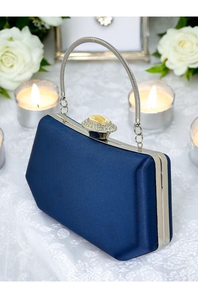 Biçanta Geantă elegantă de culoare albastru marin, cu pietre de cristal argin...