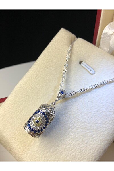 vogutima jewelery&silver by timuçin mavili Kadın Gümüş Kolye - Nazar Boncuğu Desenli Mavi Taşlı Muska Cevşen • Işıklı Kutuda • Zincir