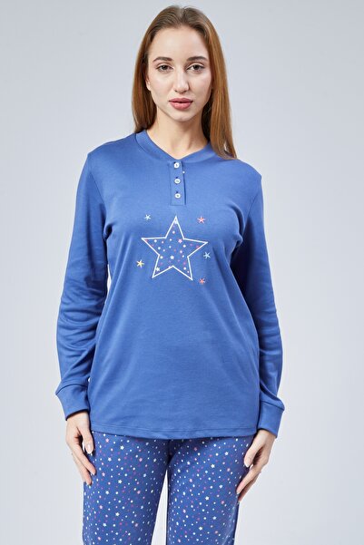 M MOONCOVER Mooncover Kadın Mevsimlik Pamuklu Pijama Takımı – Nakışlı Mavi