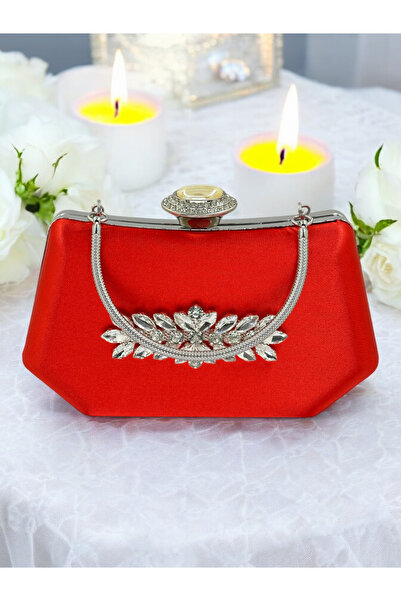 Biçanta Red Color Silver Crystal Stone Elegant Design Metal Handle Evening Dress Bag
