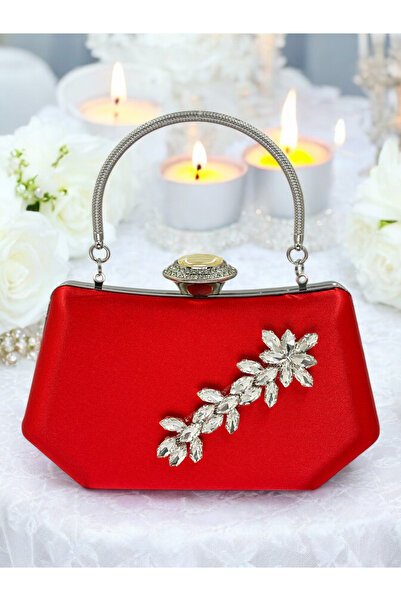 Biçanta Red Color Silver Crystal Stone Elegant Design Metal Handle Evening Dress Bag