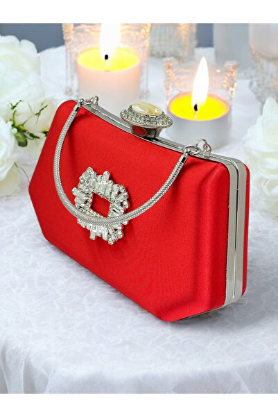 Biçanta Red Color Silver Crystal Stone Elegant Design Metal Handle Evening Dress Bag