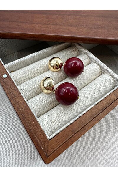 Jerie Gold Bombeli Plaka Detay Bordo Küpe