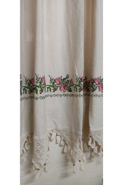 TUNCAY TEKSTİL Washed Natural Straight Bodrum Linen with Wooden Work Red Canavch
