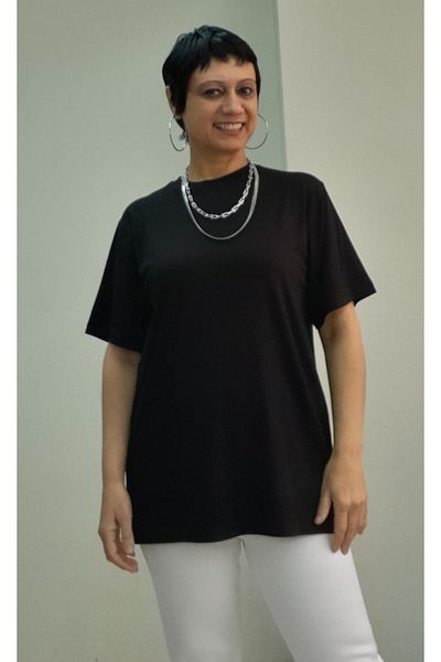 Mertcan Butik Black Crew Neck Oversize Combed Cotton Viscose T-Shirt