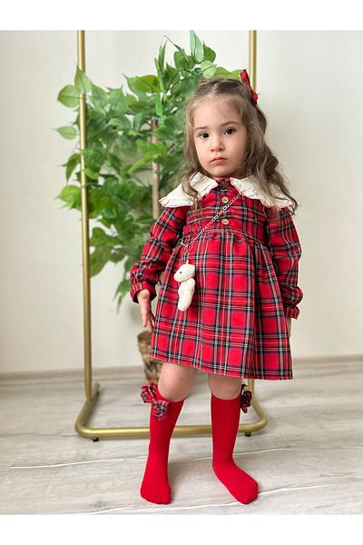YARENKİDS Set rochie și accesorii pentru fete - 2 catarame, șosete cu fundă și ursuleț