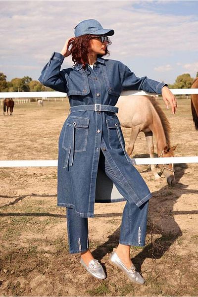 Moda Rosa 25K5371 - Dark Blue - Waist Lace-Up Denim Trench Jeans