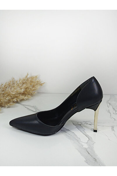 Everest Kadın Siyah Cilt Topuklu Ayakkabı Yüksek Topuklu Stiletto 9 Cm