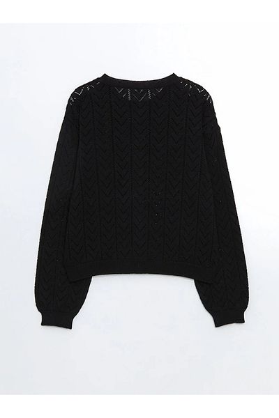 LC Waikiki Lcw Kids Black Crew Neck Openwork Girl's Knitwear Cardigan