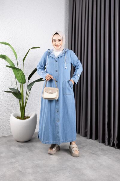 HARMAN BUTİK KADIN CEPLİ DÜĞMELİ KAPÜŞONLU DENİM KOT TRENÇKOT