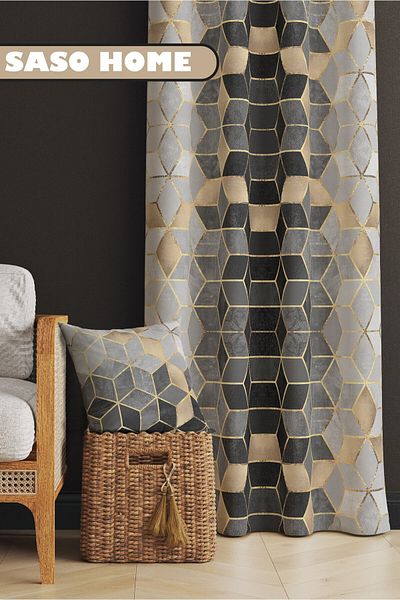 SasoHome Gray Mosaic Patterned (140 X 270 CM) Digital Printed Background Curtain ((Single Wing))