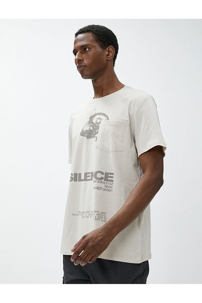 Koton Slogan Printed T-Shirt with Pocket Detail Crew Neck Short Sleeve