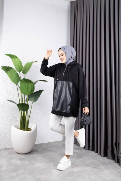 Afili butik تونيك بغطاء للرأس مع تفاصيل حجرية بسحاب