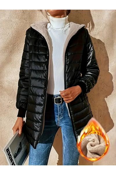COjans Women's Long Sleeve Hooded Pocket Detailed Zippered Medium Length Coat