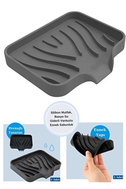 TİNEKE Εύκαμπτη θήκη σαπουνιού από σιλικόνη για κουζίνα, μπάνιο με αποχέτευση νερού και βεντούζα ΜΑΥΡΟ Χρώμα