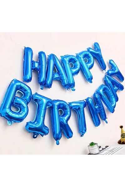 PARTİ AŞKI Mavi Renk Happy Brithday Yazılı Folyo Balon Seti 13 Harf & Iyi Ki Doğdun Doğum Günü Parti Balonu