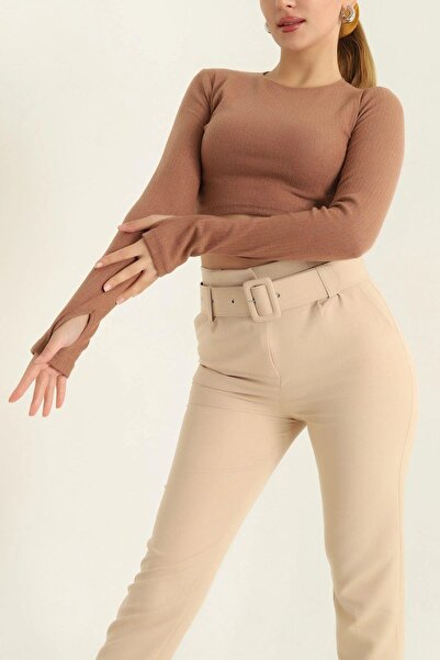 Mossta Tan Crop Blouse - Crew Neck, Finger Snap