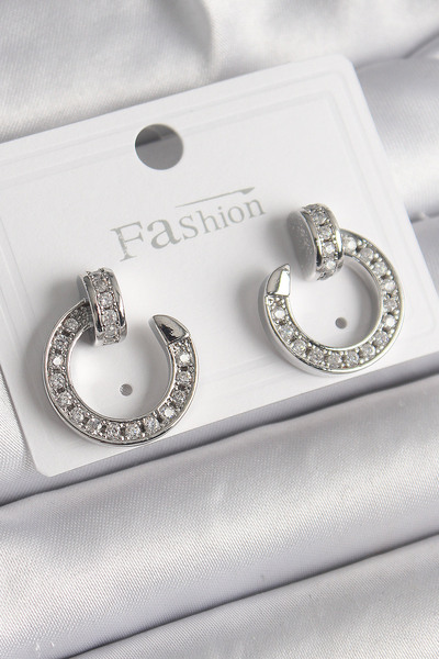 Epilons Brass Silver Color Zircon Stone Stud Hoop Model Women's Earrings - Tj...