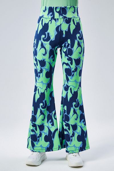 Maison La Femme Pantaloni de damă cu model verde apă cu talie înaltă, elastici, cu picioare spaniole