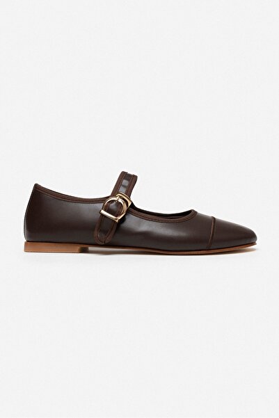 NİŞANTAŞI SHOES Jordy Brown Matte Belt Detailed Flat Sole Dámské baleríny