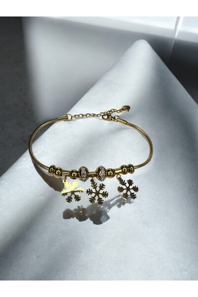 LUNİS LUXE Sallantılı Kar Tanesi Gold Bileklik Ve Çelik Bileklik