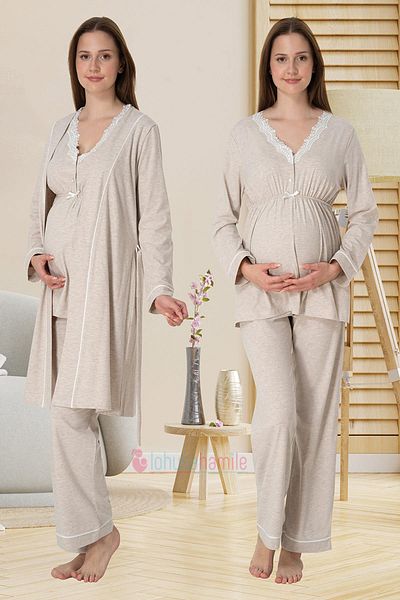 lohusahamile Beige Lace Detailed Maternity Pajamas Set with Dressing Gown