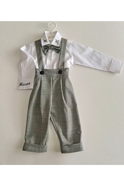 moms and babies Boy's Baby Shirt Salopet Trousers Set Gray Colored Plaid Pattern 0-5 Years