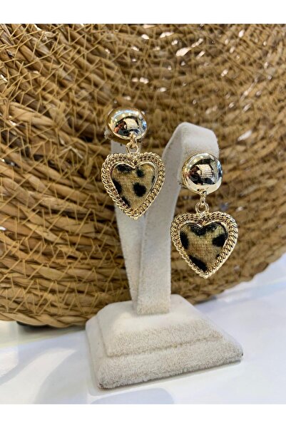 LUFES Kürk Dokulu Leopar Desenli Kalp Logolu Sallantılı Küpe