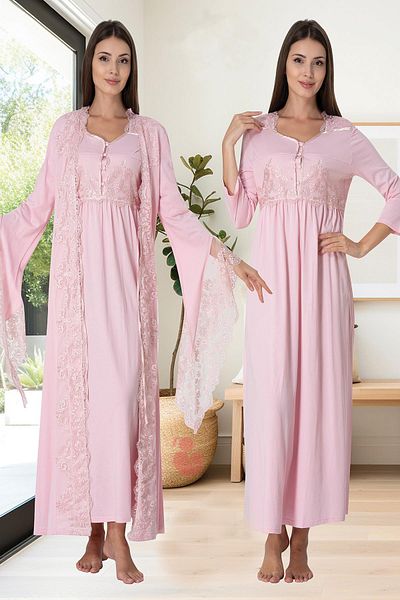 lohusahamile Powder Pink Princess Lace Design Maternity Nightgown Set with Dressing Gown