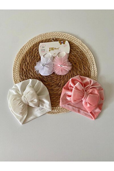 GÜNEŞ KİDS Fiyonklu Çift Katlı Bebek Bone ve Çorap Takım