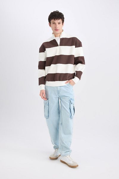 DeFacto Boxy Fit Sweatshirt mit Reißverschluss und Stehkragen, gestreift, C7045ax24au