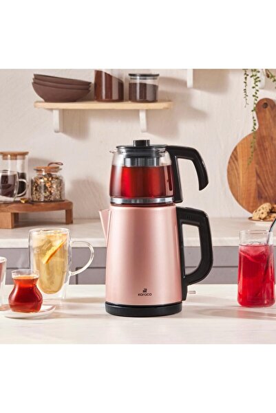Karaca 2 in 1 Cam Demlikli Çay Makinesi ve Kettle Paslanmaz Çelik Rosegold
