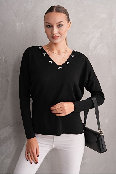 Butik Ayseba Kadın V Yaka Taşlı Triko Kazak