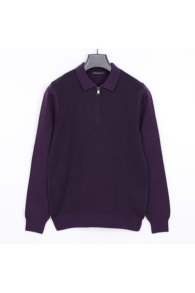 Dio Rise Men's Raffless Long Sleeve Slim Polo Neck Sweatshirt - 180813   - Plum