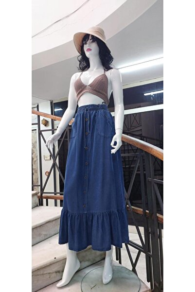 EREN STYLE Fusta cu volan din țesătură enzimatică cu buzunar cu nasturi în fa...