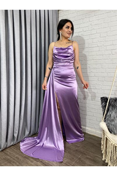 Aysel Boutiquee Lila Pamuk Saten Ön Pileli Drapeli Elbise