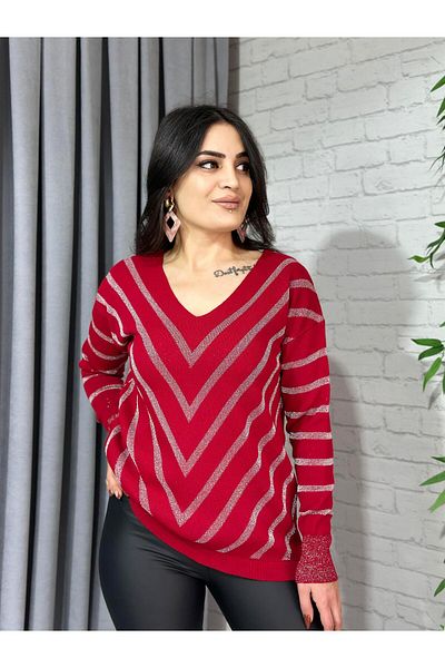 Aysel Boutiquee Red Glitter Stripe V-Neck Knitwear Sweater