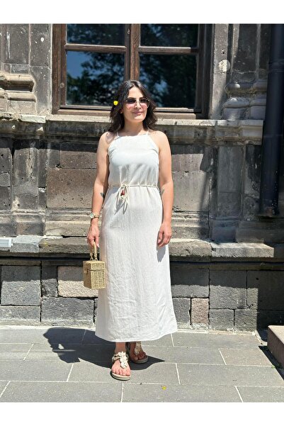 Aysel Boutiquee Taş İp Askı Keten Kumaş Hasır Kemerli Elbise
